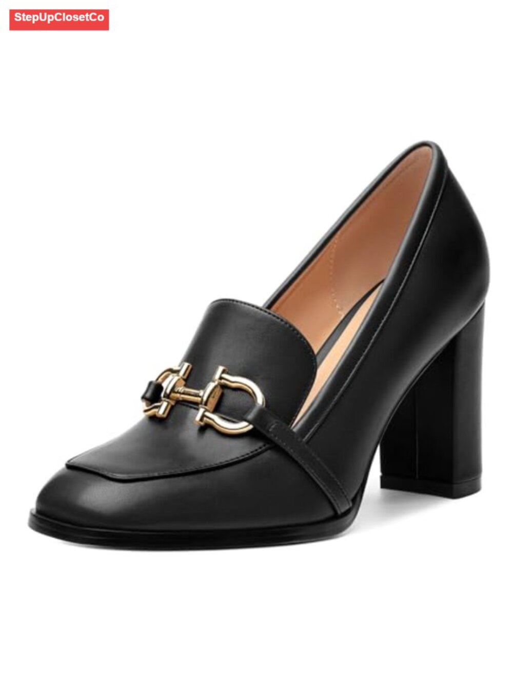 Women's Square Toe High Heel Loafers with Metal Buckle, Formal Party Dress Shoes